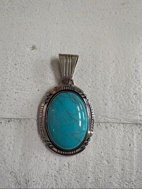 Sterling-Style Turquoise Oval Pendant Necklace - Bright Blue Stone